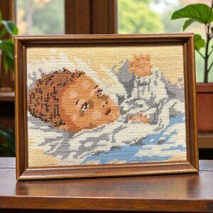 Vintage Framed Needlepoint Baby Portrait | Handmade Needlework Art